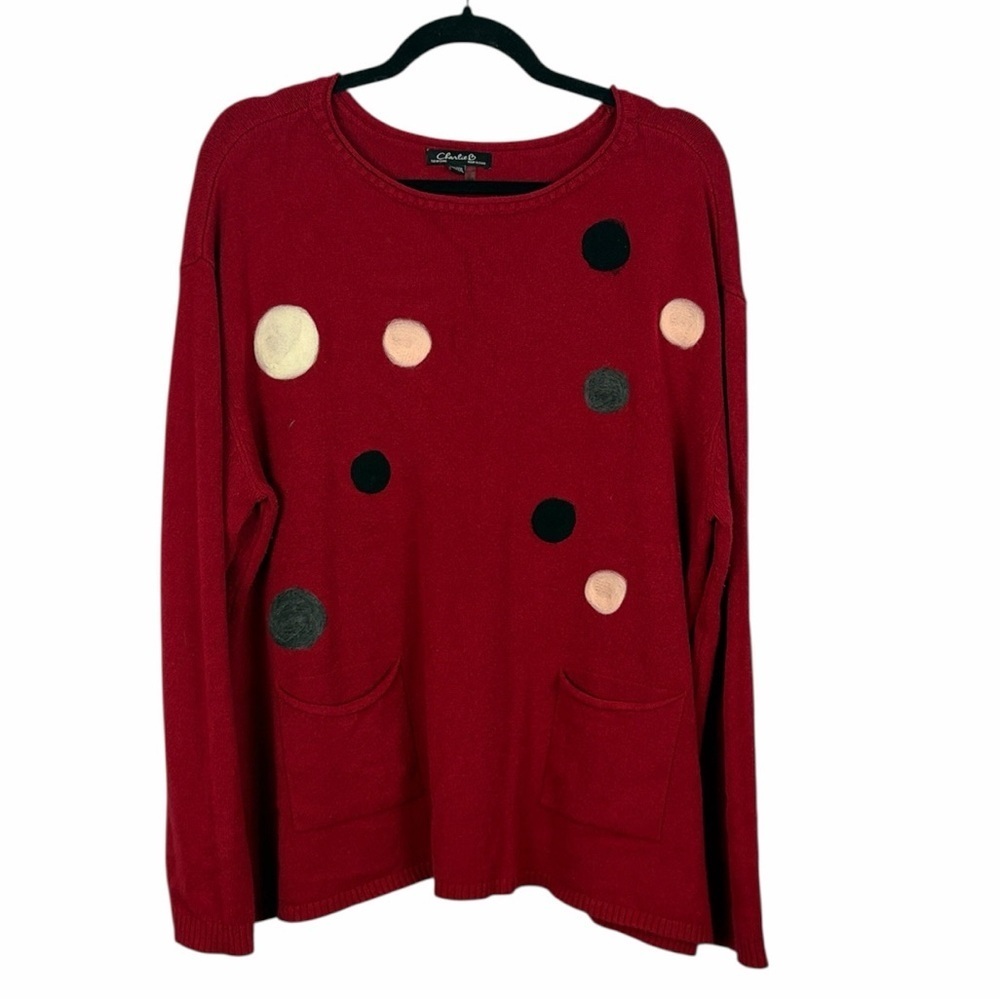 Charlie B Casual Polka Dot Long Sleeve Knit Sweater Patch Pockets XXL Red